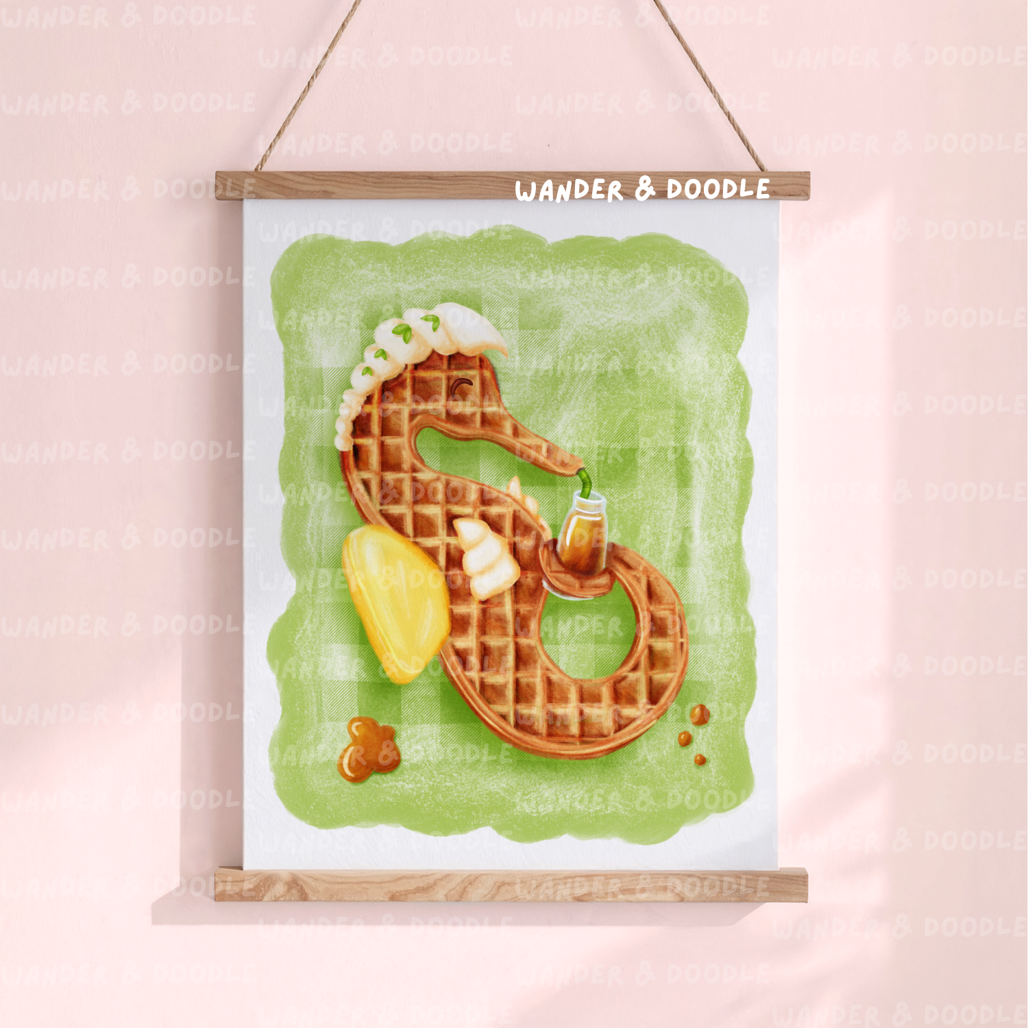Framed illustration of a waffle with butter and maple syrup on a pink background
