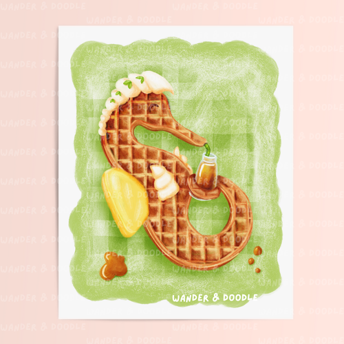 Waffle art shaped like a seahorse with butter and syrup on a green background, branded 'Wander & Doodle'