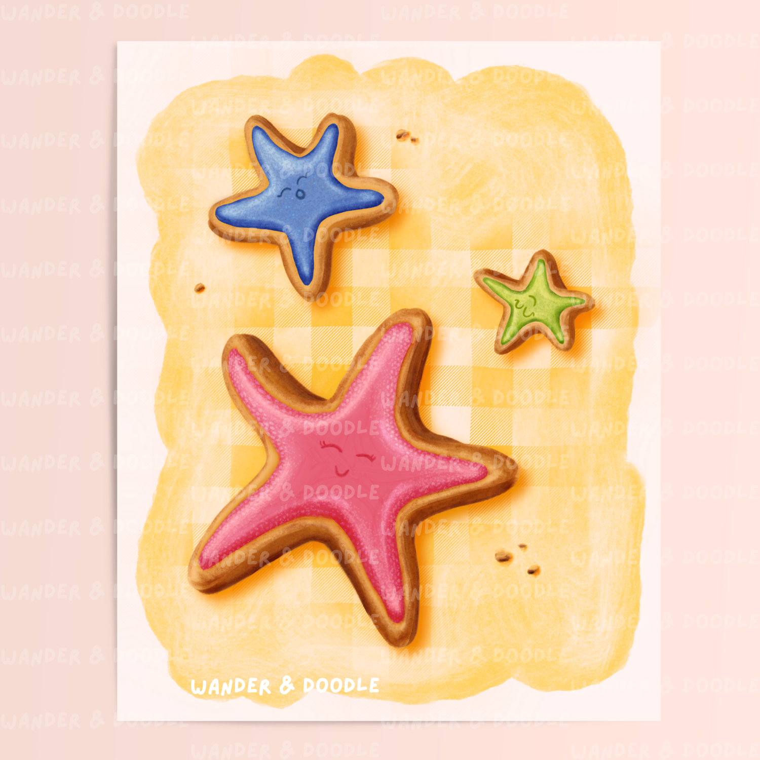 Star-shaped sugar cookies on a yellow plate with 'Wander & Doodle' branding.