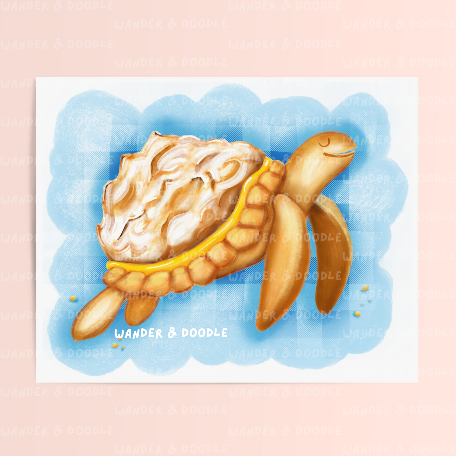 Illustration of a turtle in the shape of a lemon meringue pie on a blue background with 'Wander & Doodle' branding.