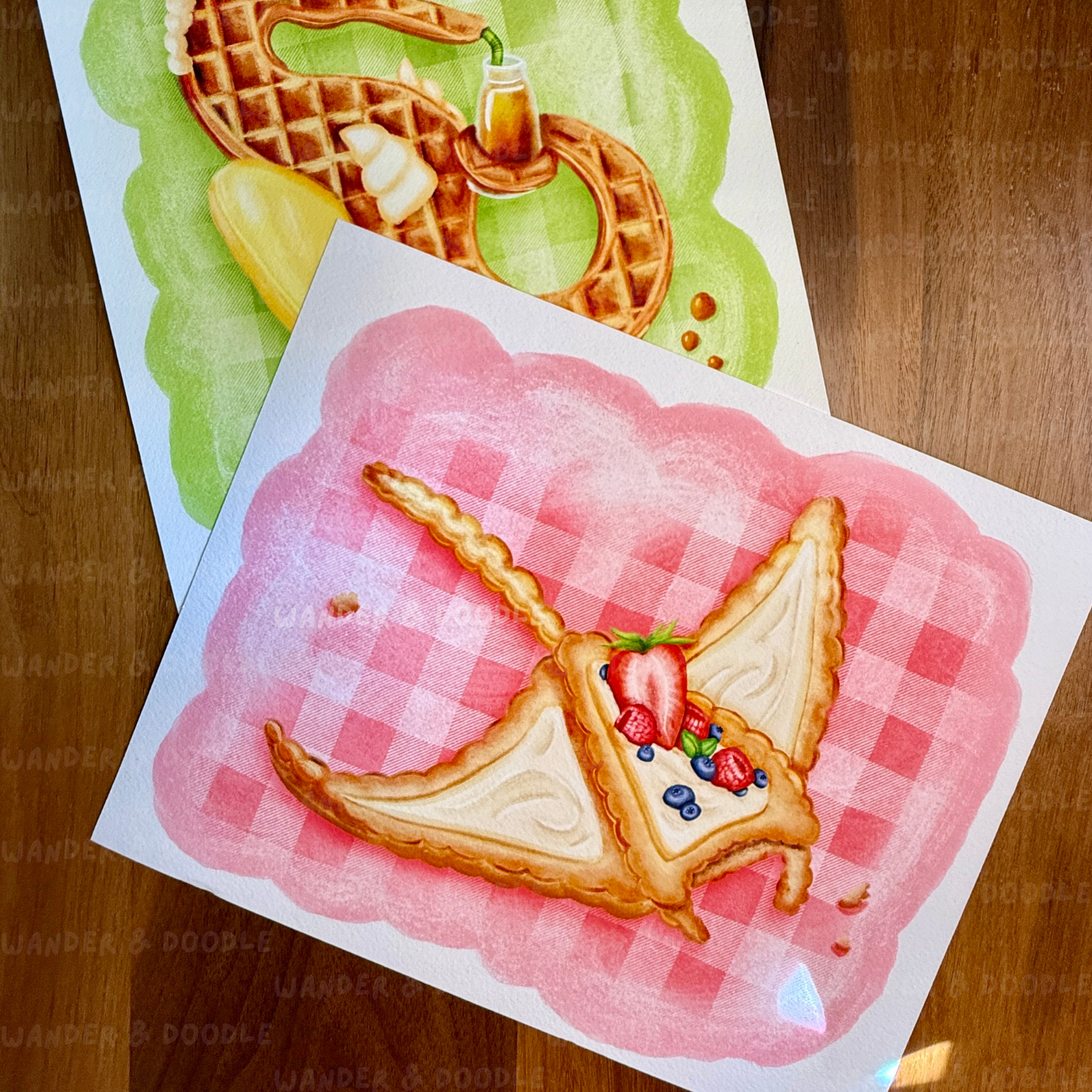 Illustration of a pie in the shape of a manta ray with berries on a pink checkered background, with waffles in the background.