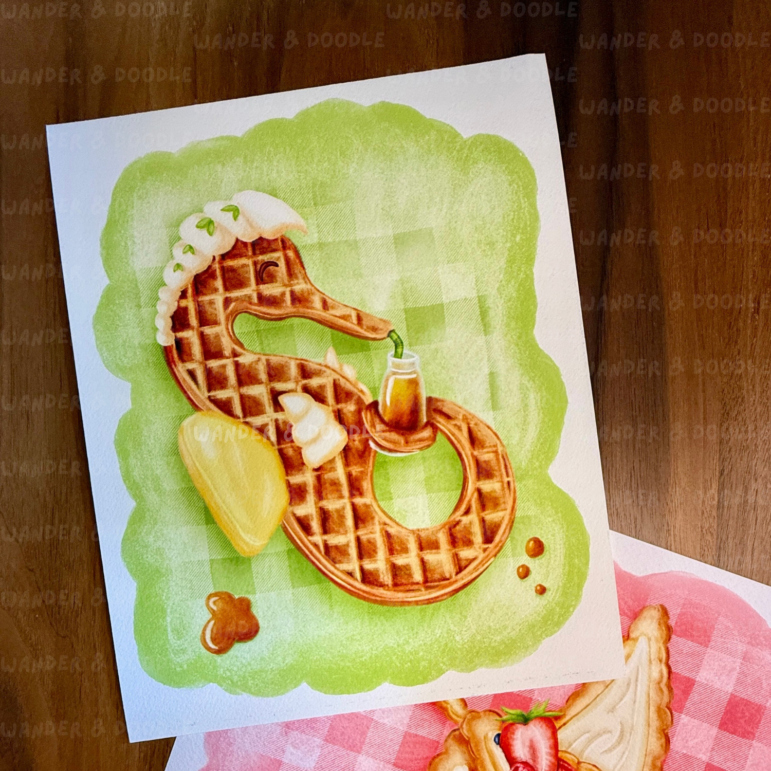 Waffle art shaped like a seahorse on a checkered background