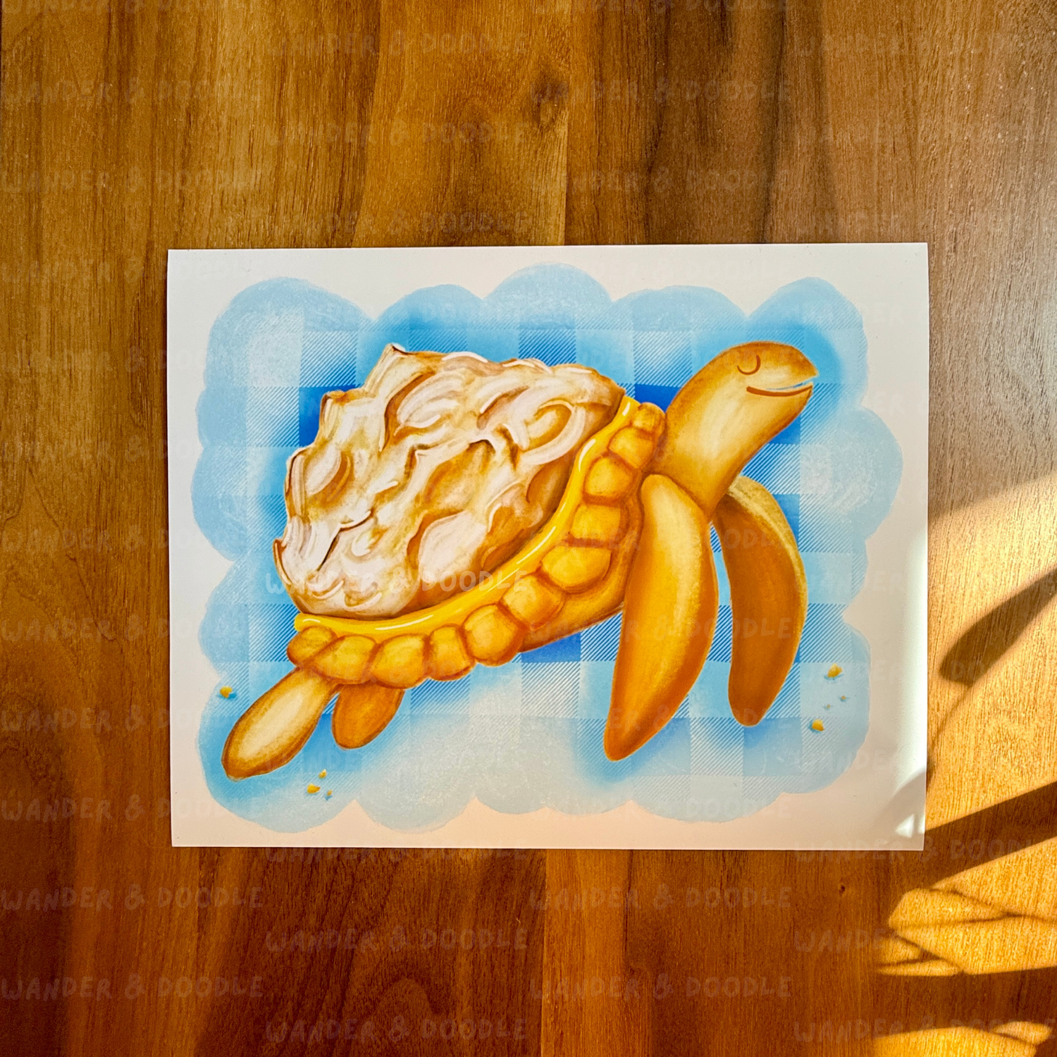 Illustration of a turtle  in the shape of a lemon meringue pie on a wooden surface