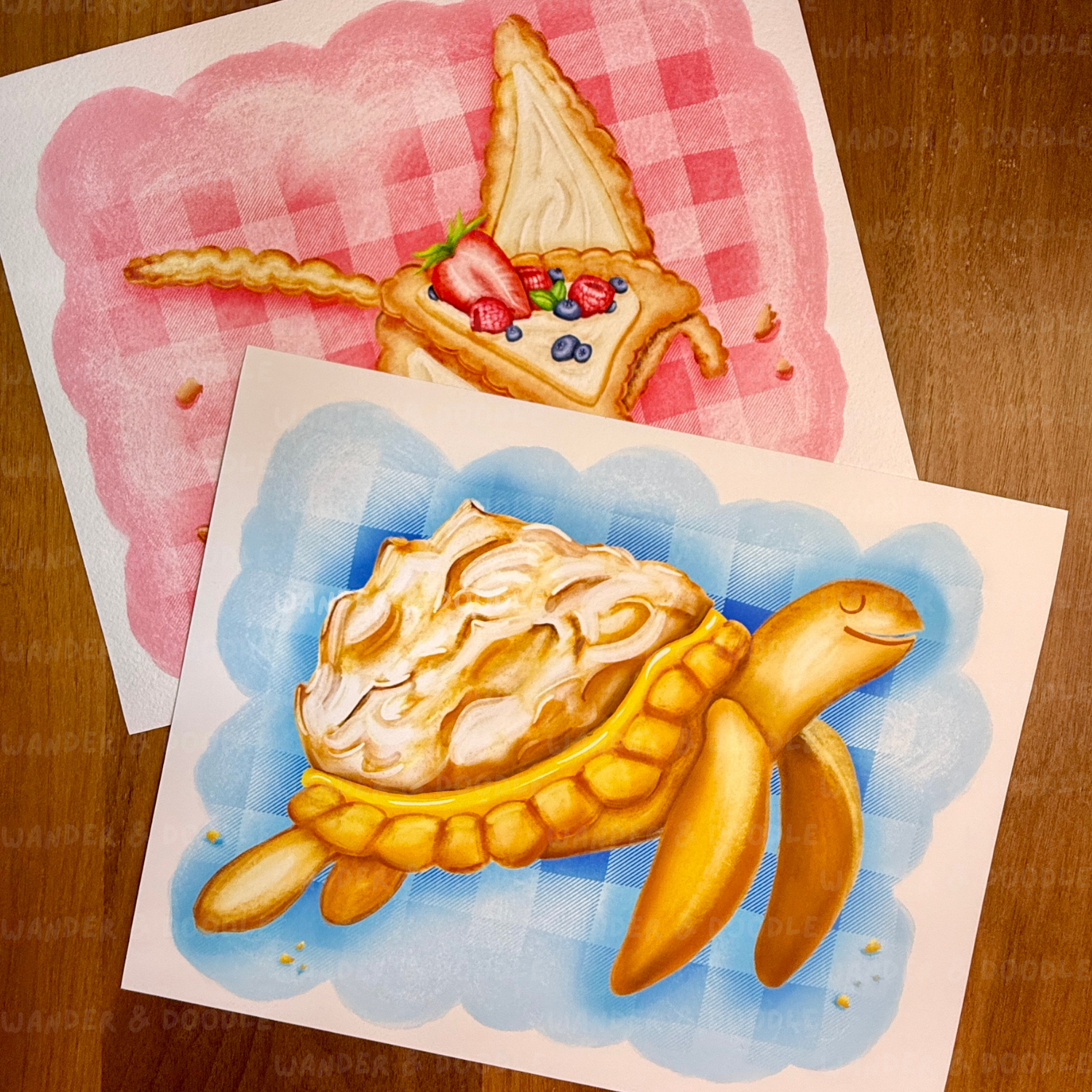 Two illustrated cards featuring a pie with fruit toppings and a turtle-shaped lemon meringue pie on a checkered background.