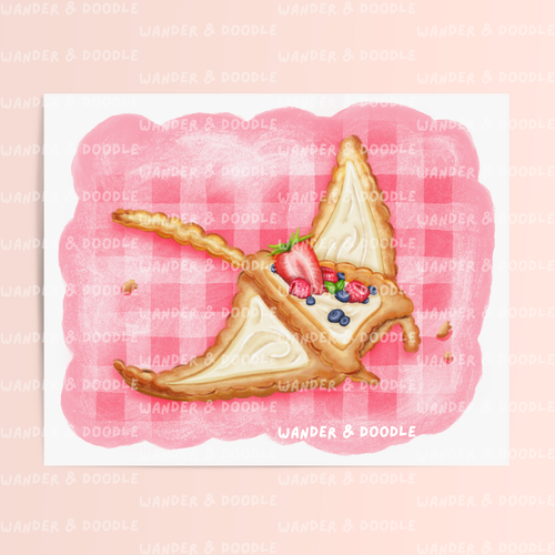 Illustration of a slice of pie with berries in the shape of a manta ray on a pink checkered background, featuring the brand 'Wander & Doodle'. 