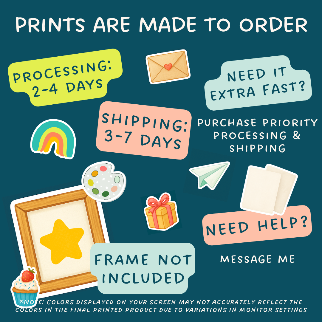 Informational graphic about print order details with icons and text on a blue background.
