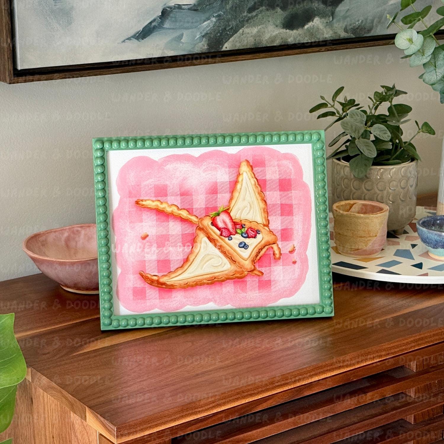 Manta Ray Fruit Tart Art Print – Whimsical Watercolor Ocean Kids Decor (8x10, 11x14)